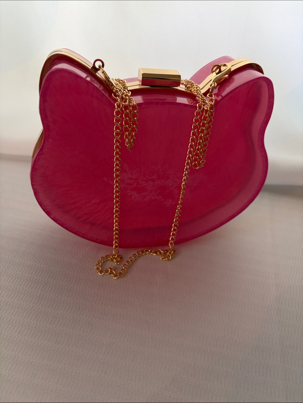 Handmade Pink Cat-Shaped Acrylic Crossbody Bag with Gold Chain 6”x5”